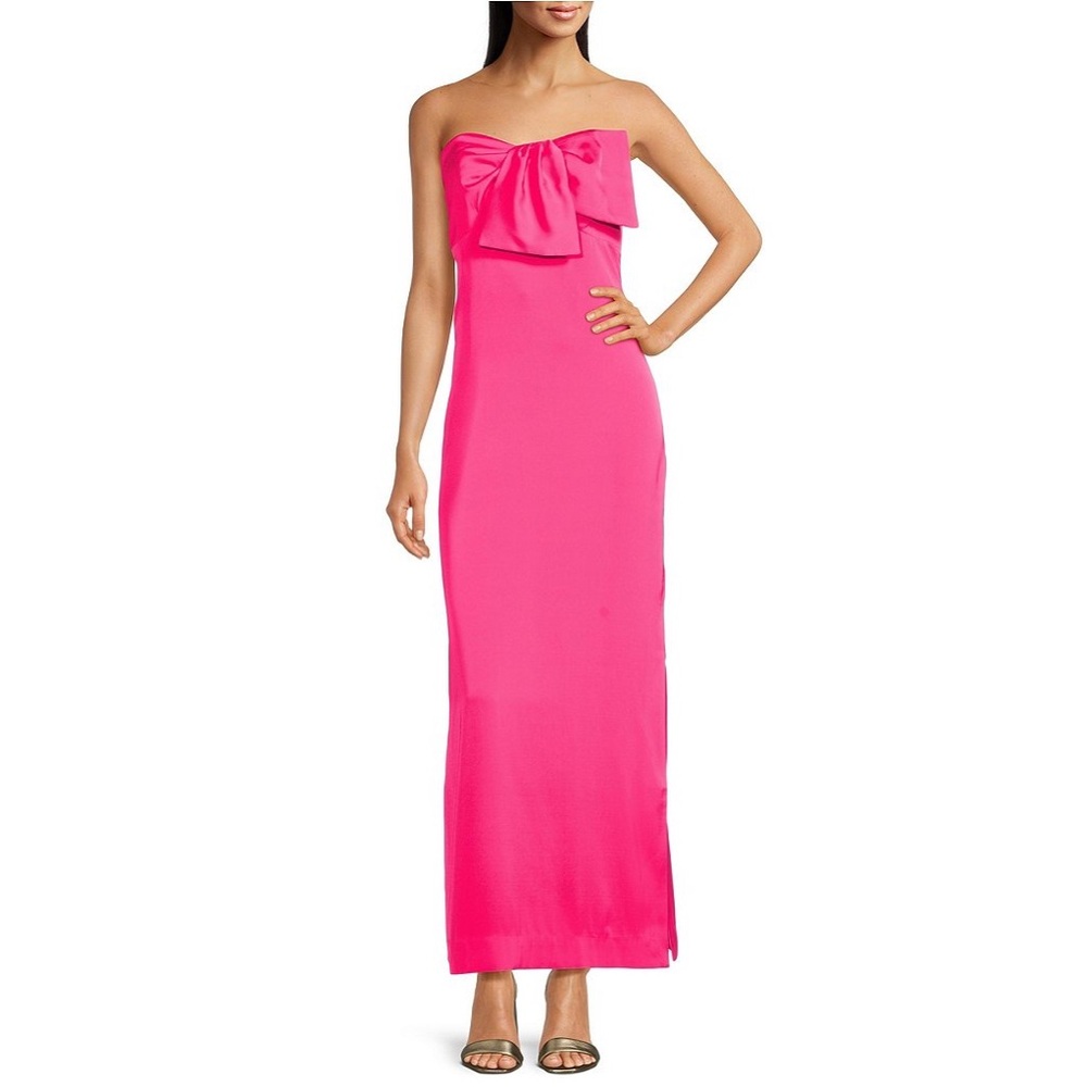 NWT Lilly Pulitzer Pink Carlynn Satin Bow Strapless Side Slit Maxi Dress